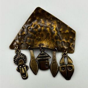 Vintage Hammered Bronze African Mask & Hut Dangle Brooch